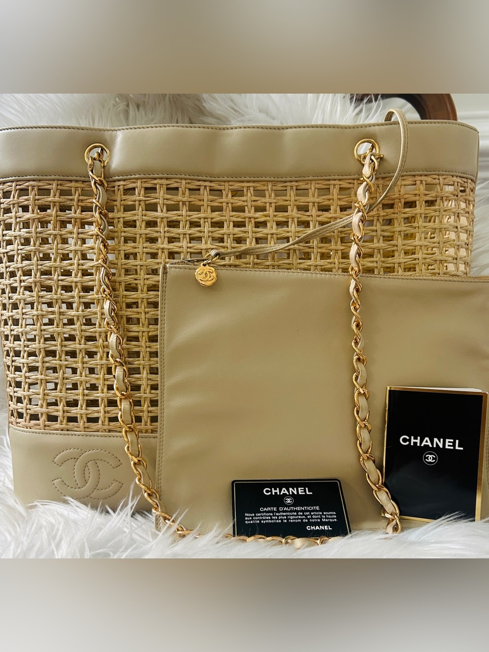 CHANEL Vintage Triple Coco Chain Straw Tote with original pouch, auth card